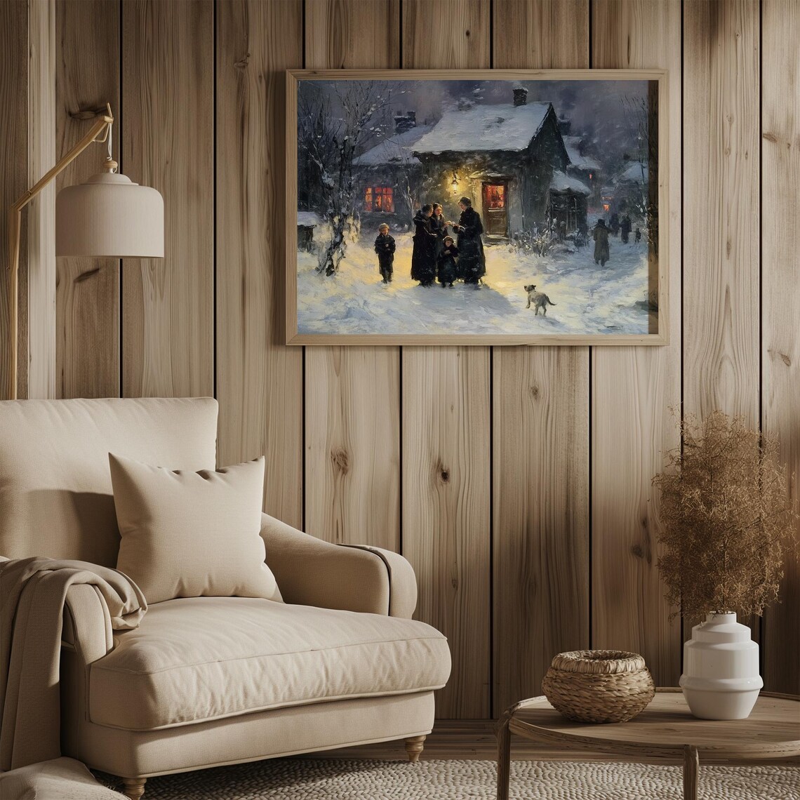 Rustic Winter Night Landscape Vintage Moody Oil Painting People In Old Town Country Farmhouse Wall Decor Retroniva Art Wnt 027 - Image 3