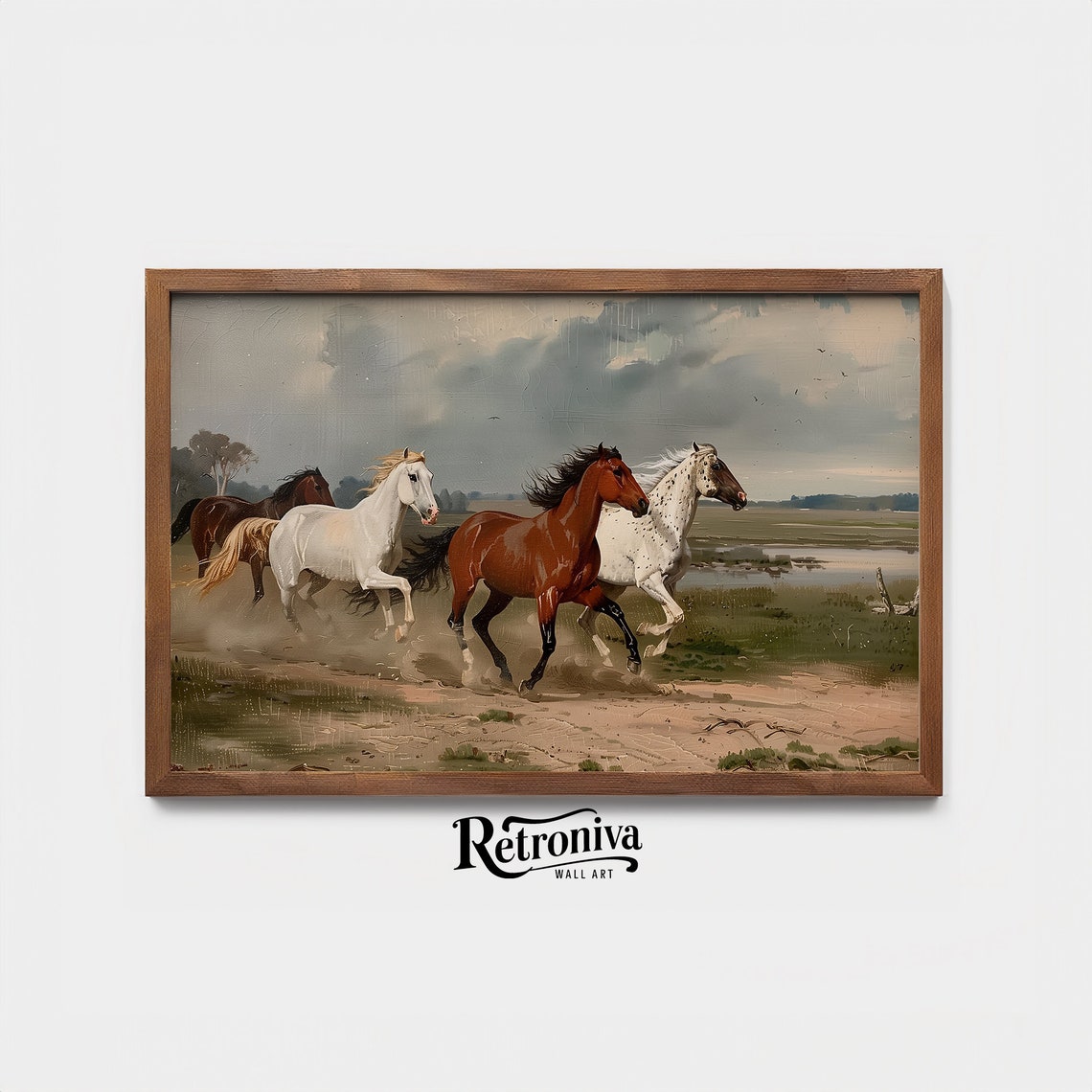 Four Wild Horses Galloping Across Open Field Vintage Painting Poster - Image 3