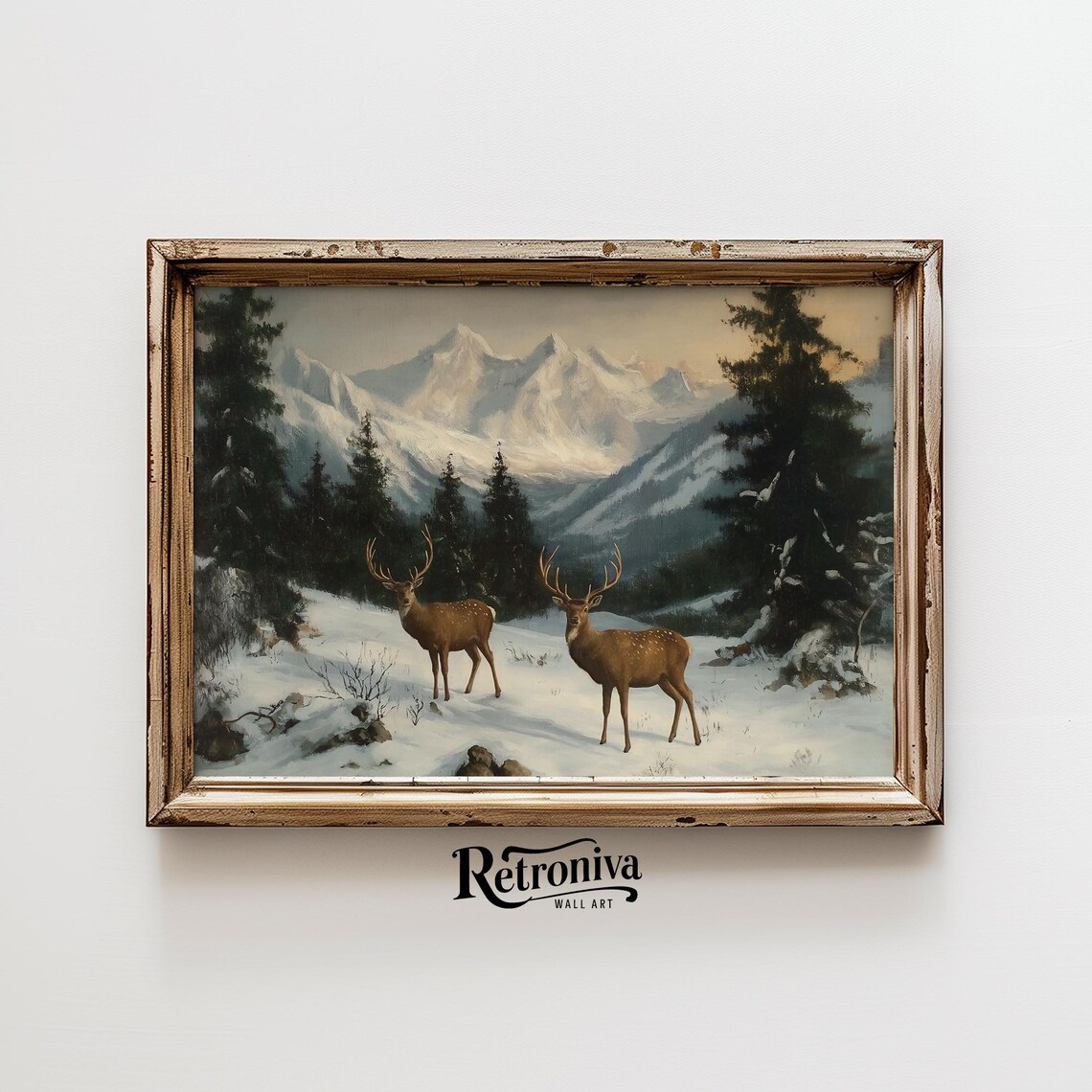 Deer In Snowy Mountain Landscape, Vintage Winter Poster - Image 6