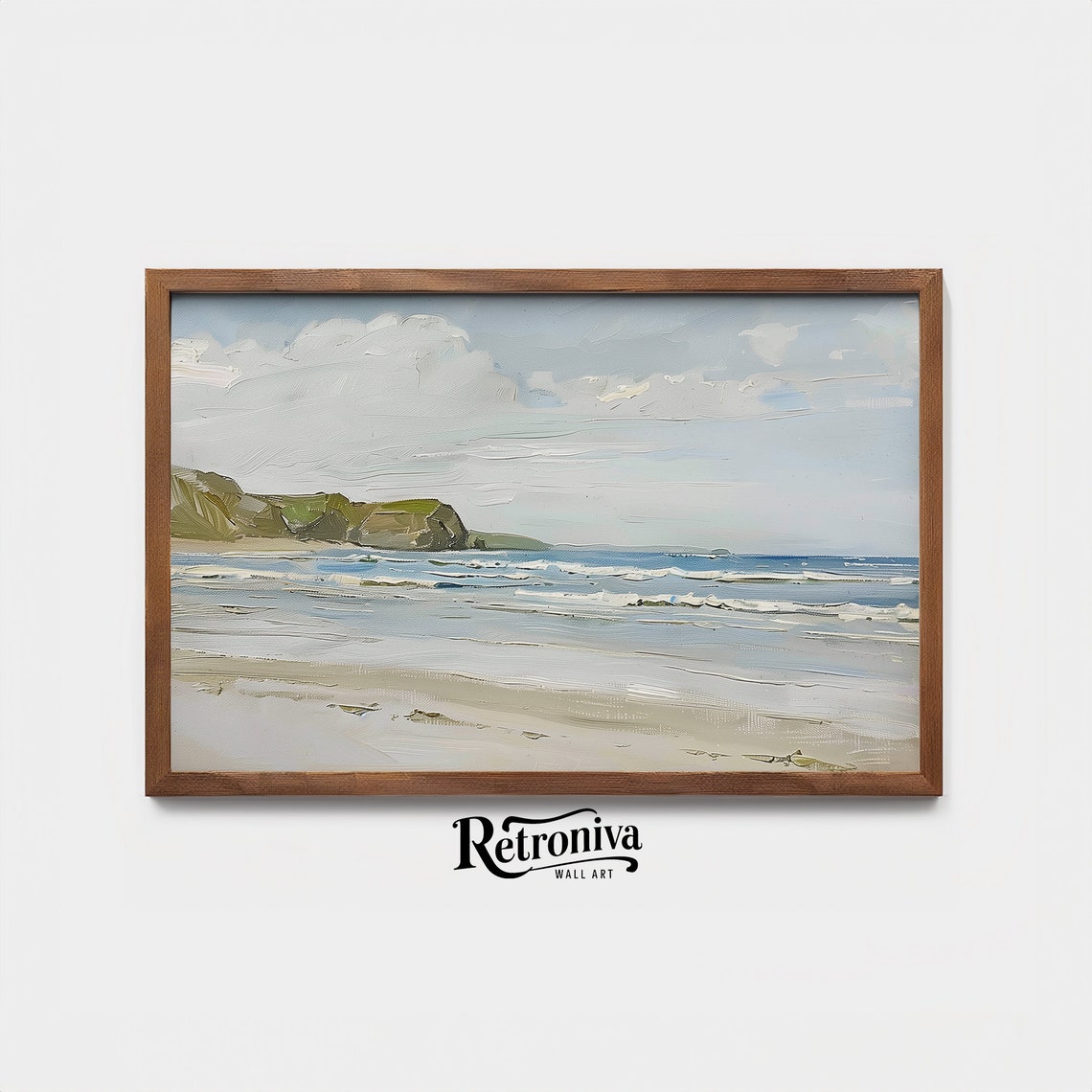 Calm Beach Waves and Distant Cliffs Soft Blue Nautical Poster - Image 4