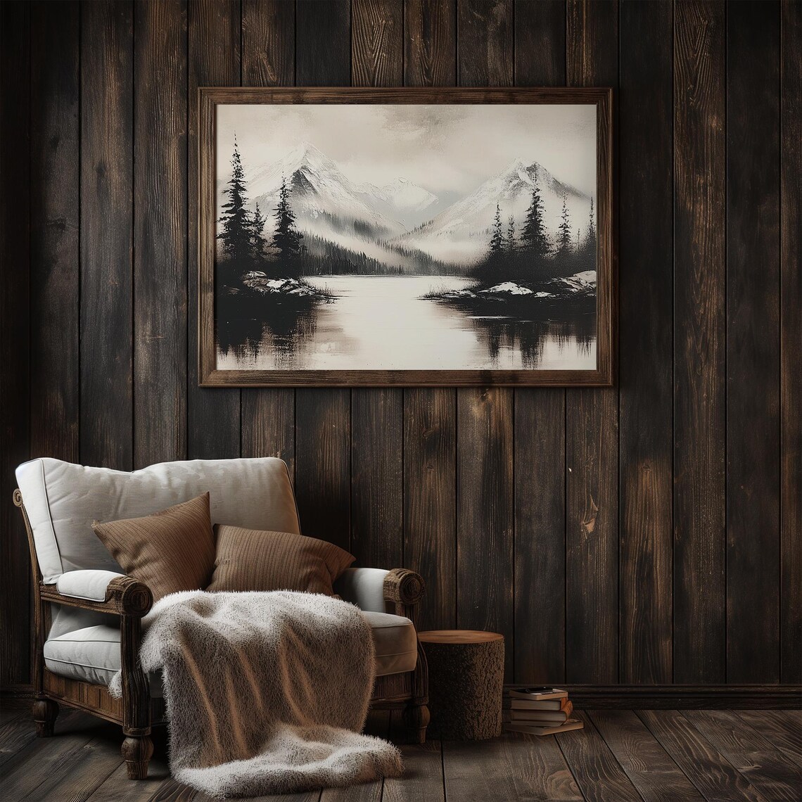 Vintage Snowy Lake Landscape, Rustic Winter Wall Art - Image 3