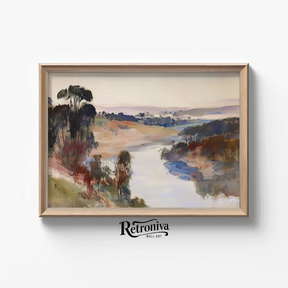 Country River Landscape Watercolor Painting Rustic Farmhouse Decor Vintage Landscape Wall Art Retroniva Art Lnd 001