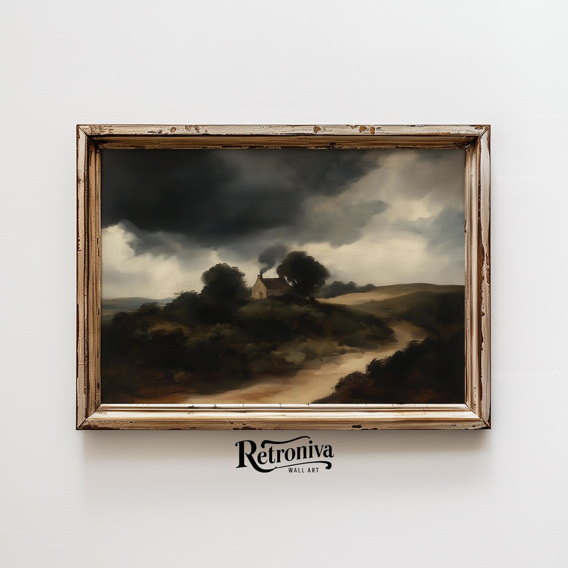 Moody Cottage on Hill Under Stormy Dark Sky Vintage Painting Poster - Image 6