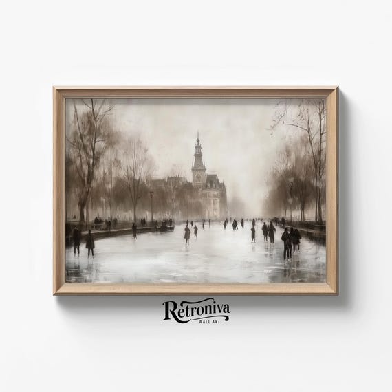 Vintage Skating Rink Rustic Winter Landscape Painting Moody Antique Christmas Wall Decor Retroniva Art Wnt 024