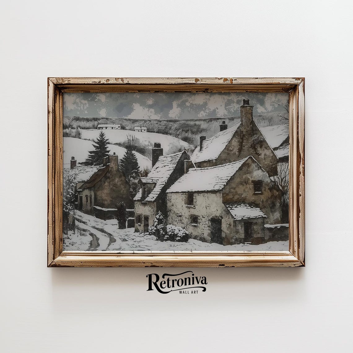 Rustic Snowy Stone Village With Chimneys Vintage Winter Poster - Image 6
