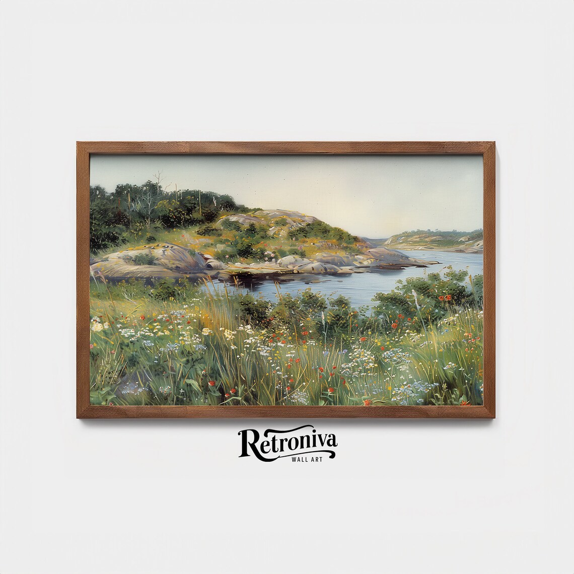 Vintage Summer Riverside Wildflower Meadow And Rocky Hills Poster - Image 4