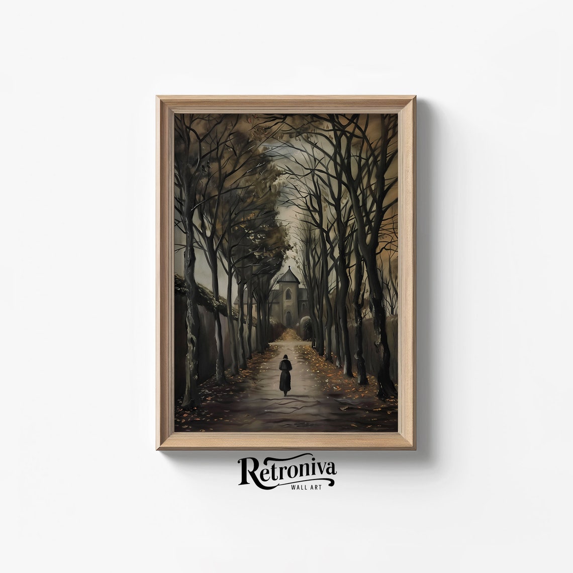 Dark Academia Tree Lined Avenue Lone Figure Moody Autumn Poster