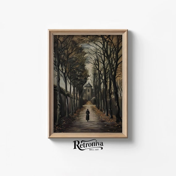 Autumn Watercolor Painting Moody Autumn Dark Cottagecore Wall Art Vintage Rustic Fall Trees Wall Decor Retroniva Art Atm 007