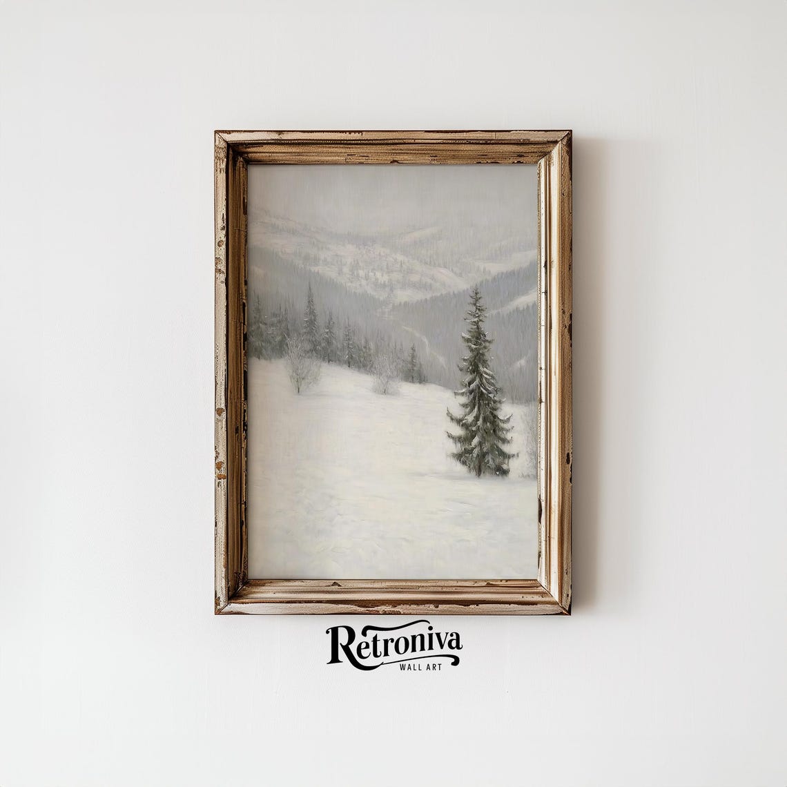 Muted Snowy Mountain Valley Vintage Winter Landscape Pines Poster - Image 6