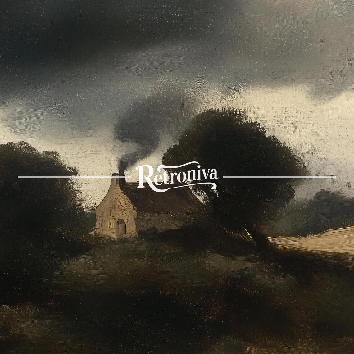 Moody Cottage on Hill Under Stormy Dark Sky Vintage Painting Poster - Image 7