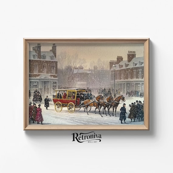 Snowy Victorian Street Scene With Horse Drawn Omnibus Poster
