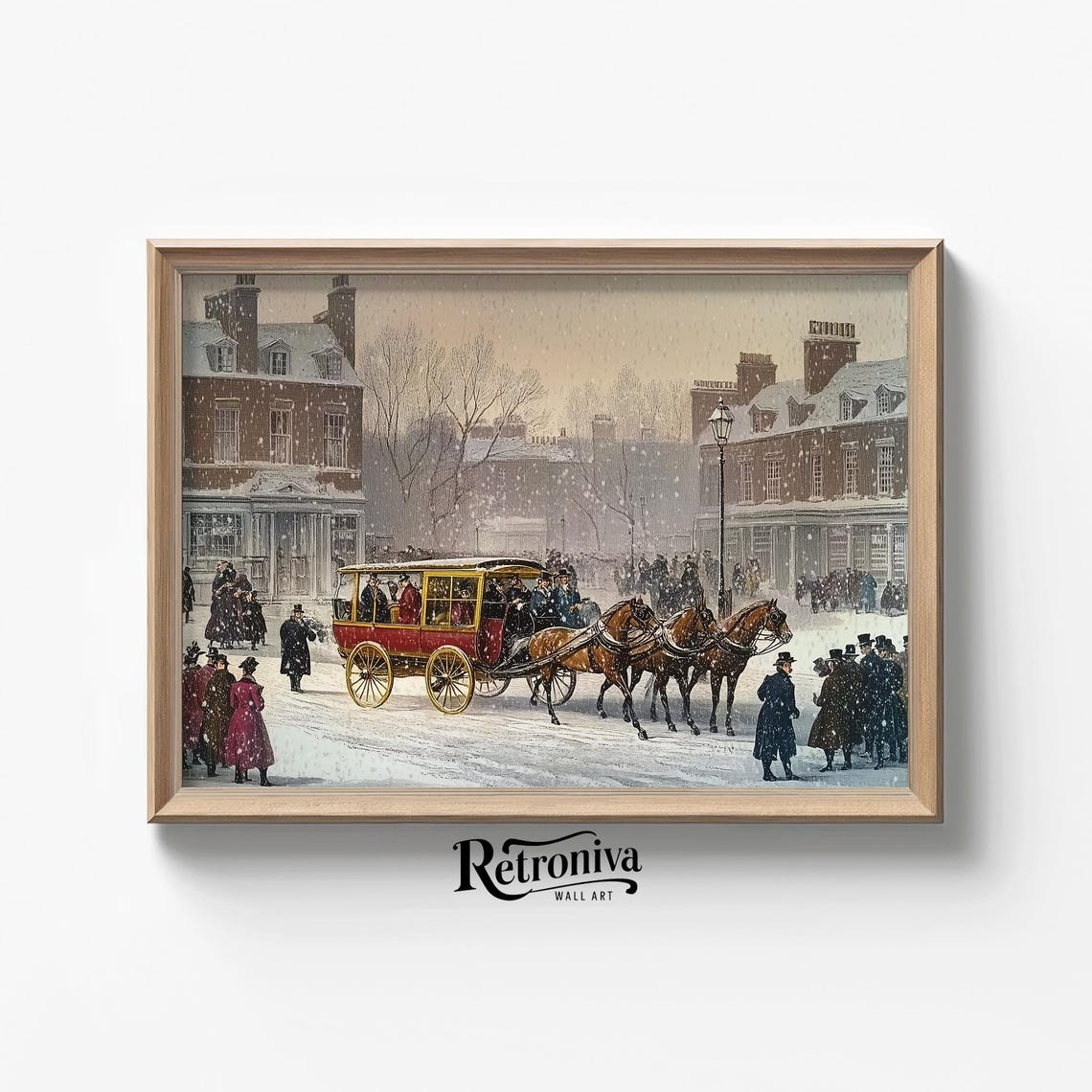 Snowy Victorian Street Scene With Horse Drawn Omnibus Poster