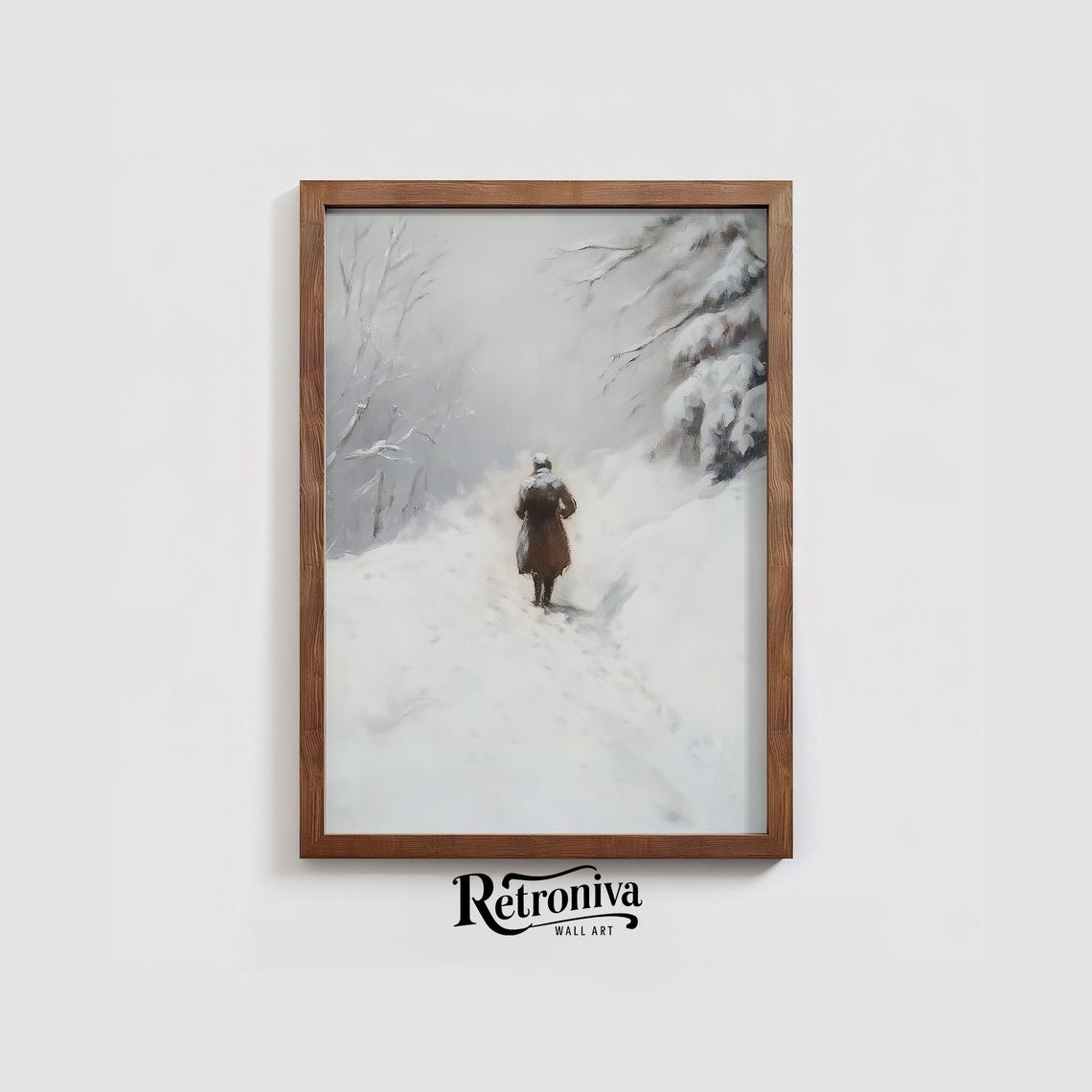 Lone Man Walking on Snowy Path White Winter Vintage Painting Poster - Image 4