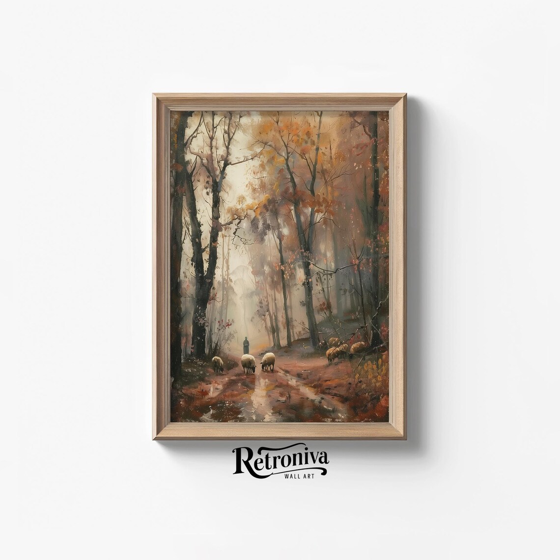 Sheep and Shepherd Vintage Autumn Forest Art Print
