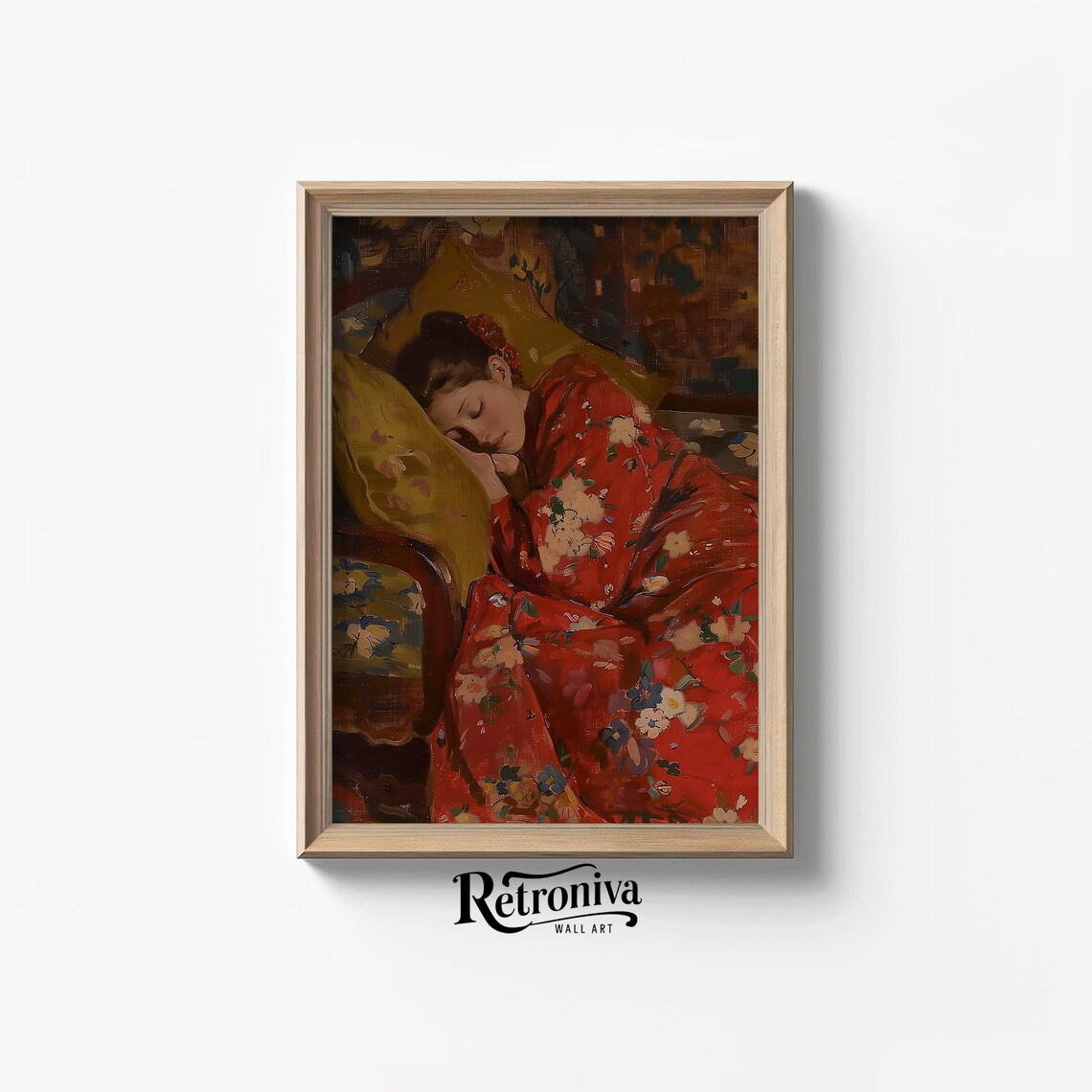 Tired Woman Sleeping Red Kimono Chaise Vintage Portrait Oil Painting Poster - Image 7