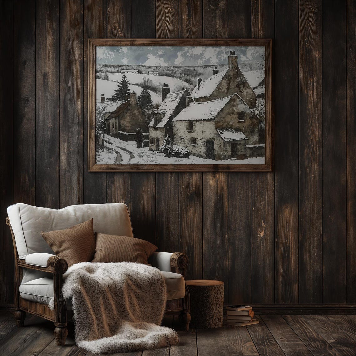 Rustic Snowy Stone Village With Chimneys Vintage Winter Poster - Image 3
