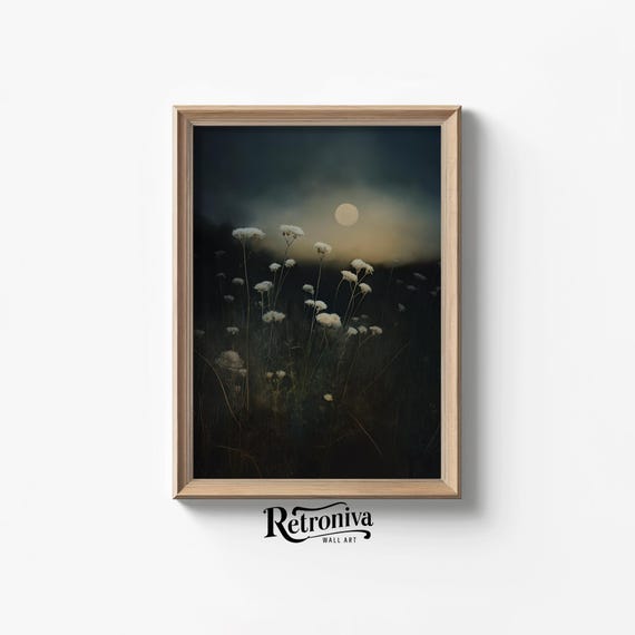Dandelions With Full Moon Dark Floral Vintage Print Moody Botanical Painting Night Landscape Wall Art Retroniva Art Ngt 001