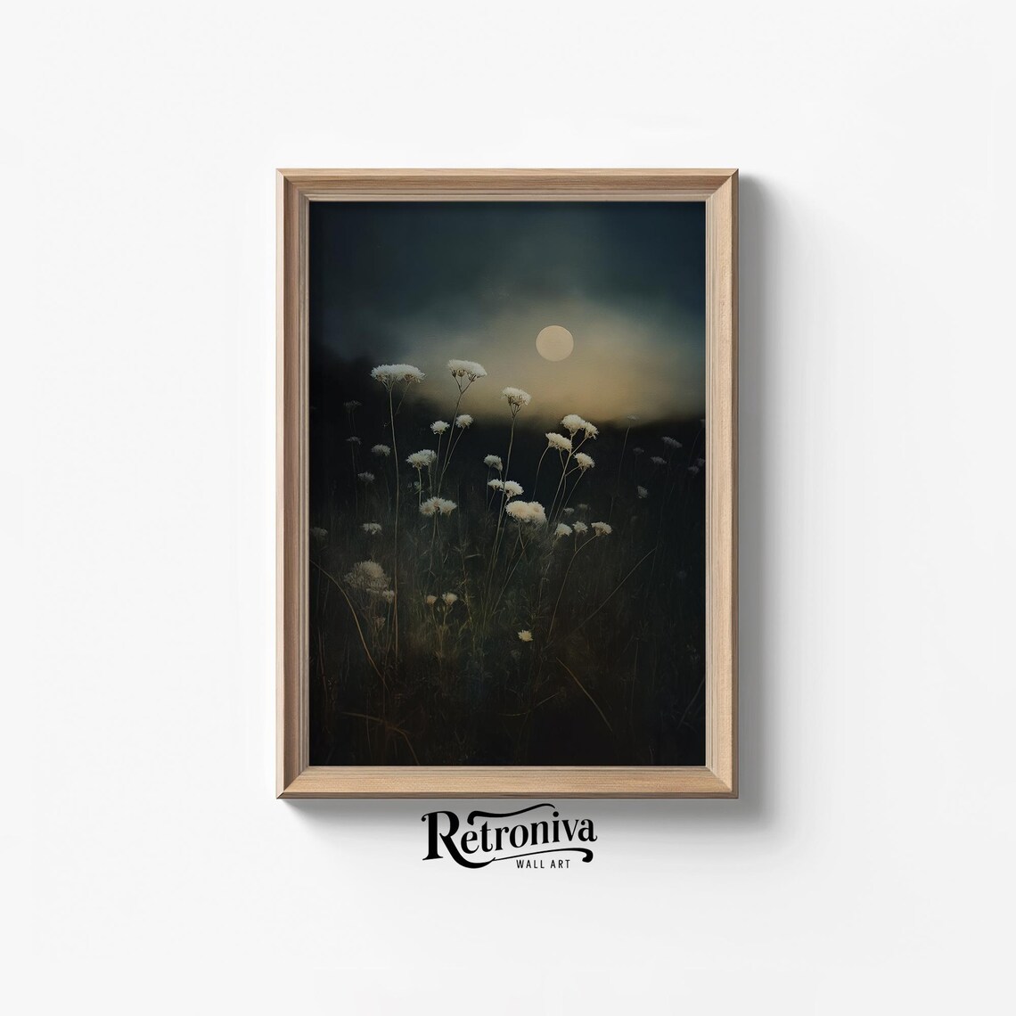 Dandelions Under Full Moon Dark Moody Night Meadow Vintage Painting Poster