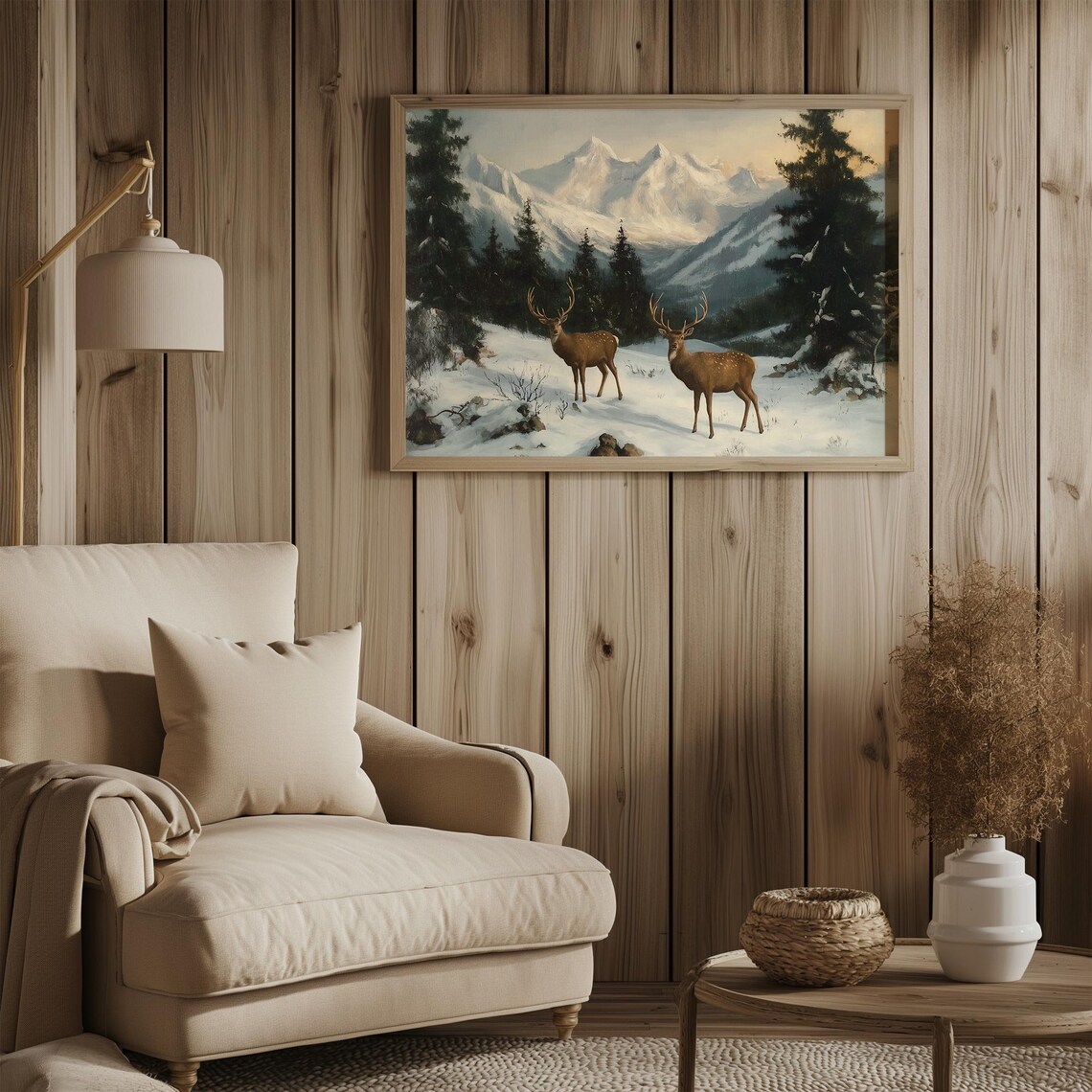 Deer In Snowy Mountain Landscape, Vintage Winter Poster - Image 3