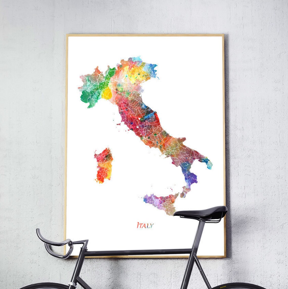 Italy Map Watercolor Art Print, Modern Abstract