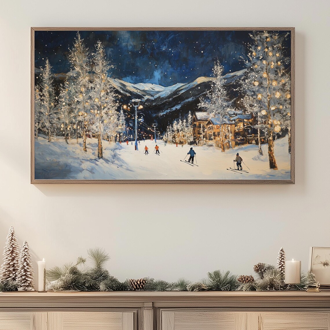 Ski Resort Night Skiers Snowy Mountain Village Twinkling Lights Poster - Image 2