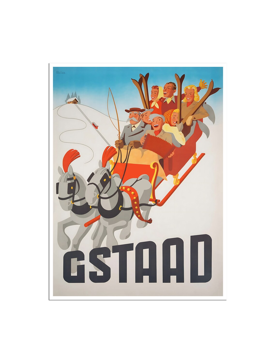 Gstaad Switzerland Horse Sleigh Skiers Vintage Winter Poster