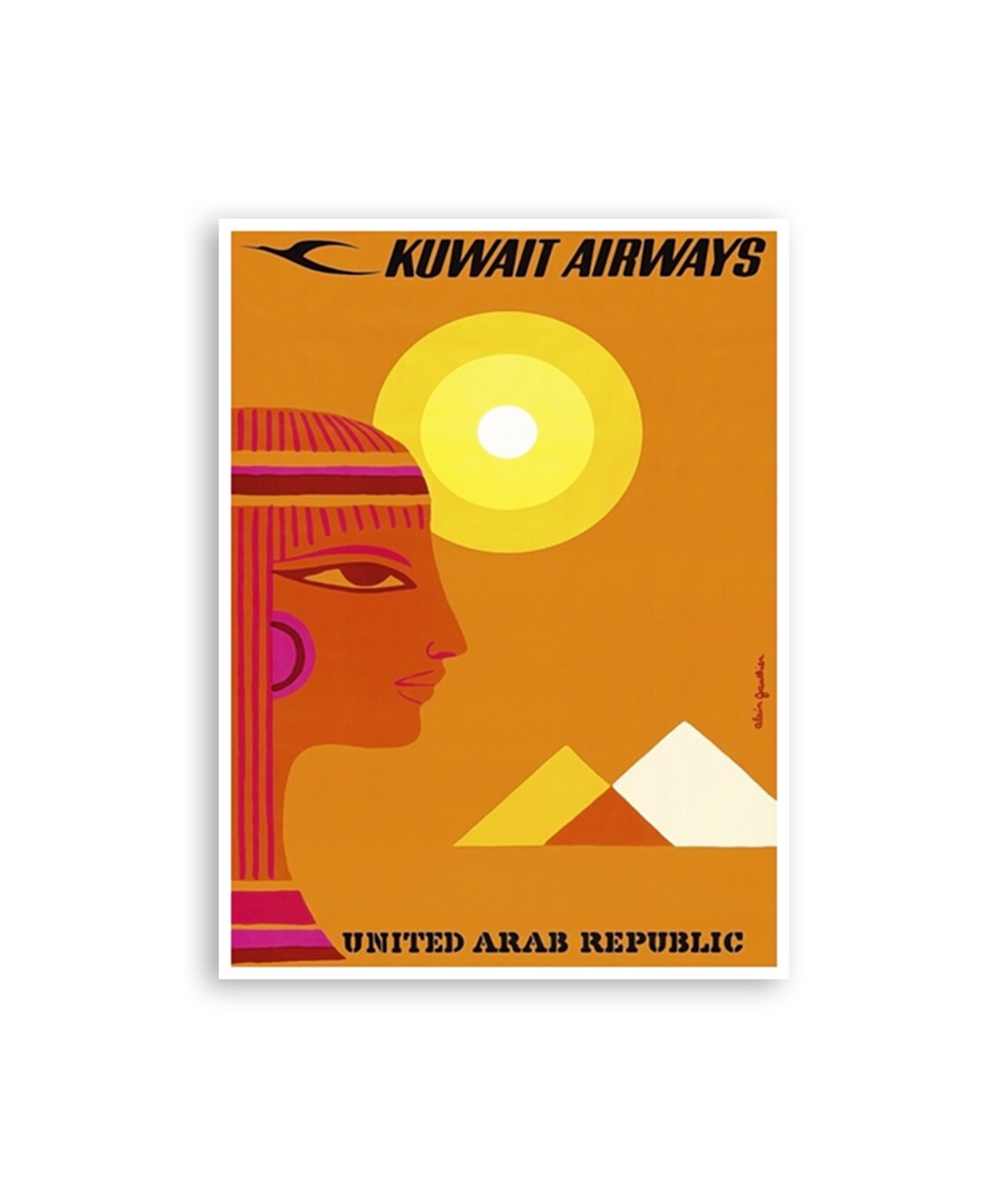 Kuwait Airways United Arab Republic Pharaoh Pyramid Vintage Poster