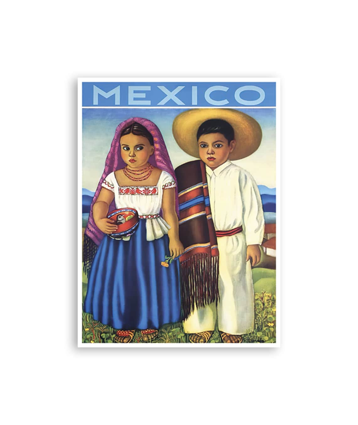 Mexico Two Children in Folk Costume Vintage Art Illustration Print
