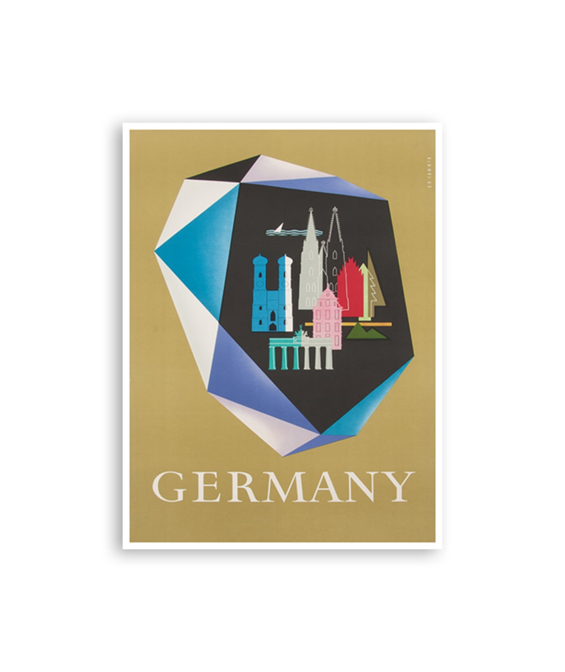 Germany Faceted Gem Landmarks Modernist Vintage Travel Poster