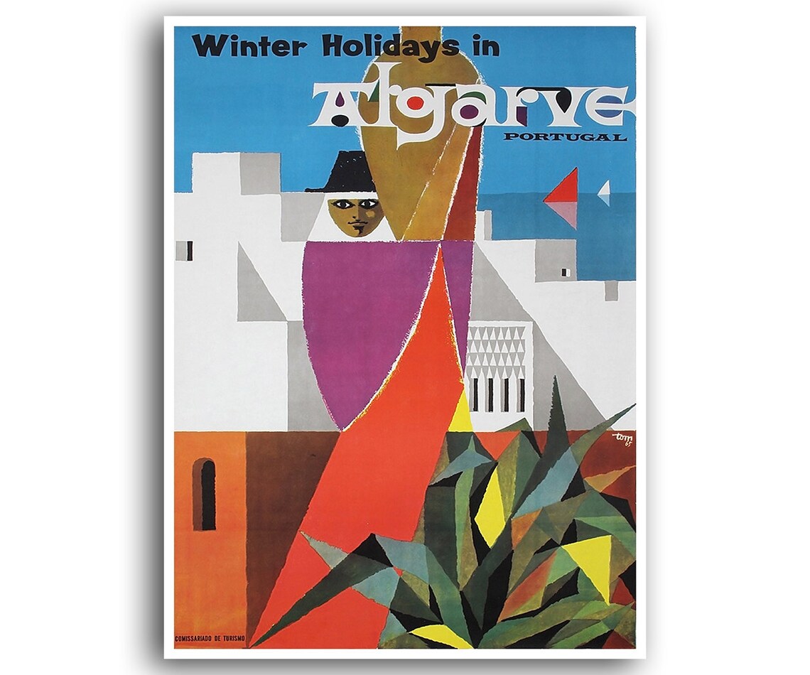 Algarve Portugal Winter Holidays Poster Cubist Woman Vintage Art
