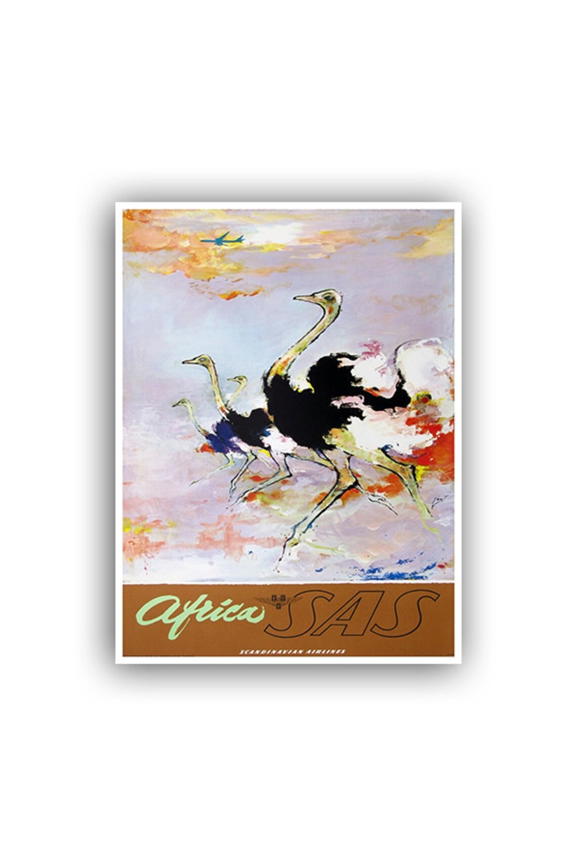 Africa SAS Ostrich Run Savannah Painting Vintage Airline Poster