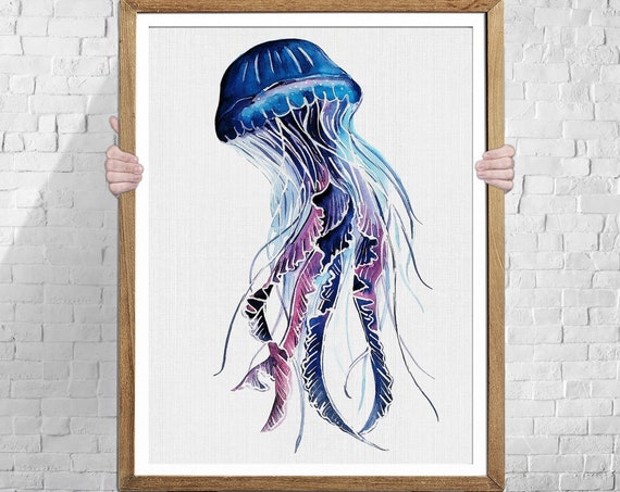 Jellyfish Watercolor Art Print, Bathroom Wall Decor