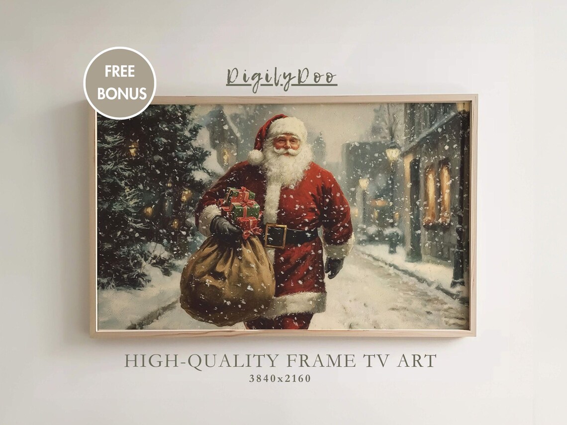 Vintage Santa Claus on Snowy Streets, Holiday Art Print