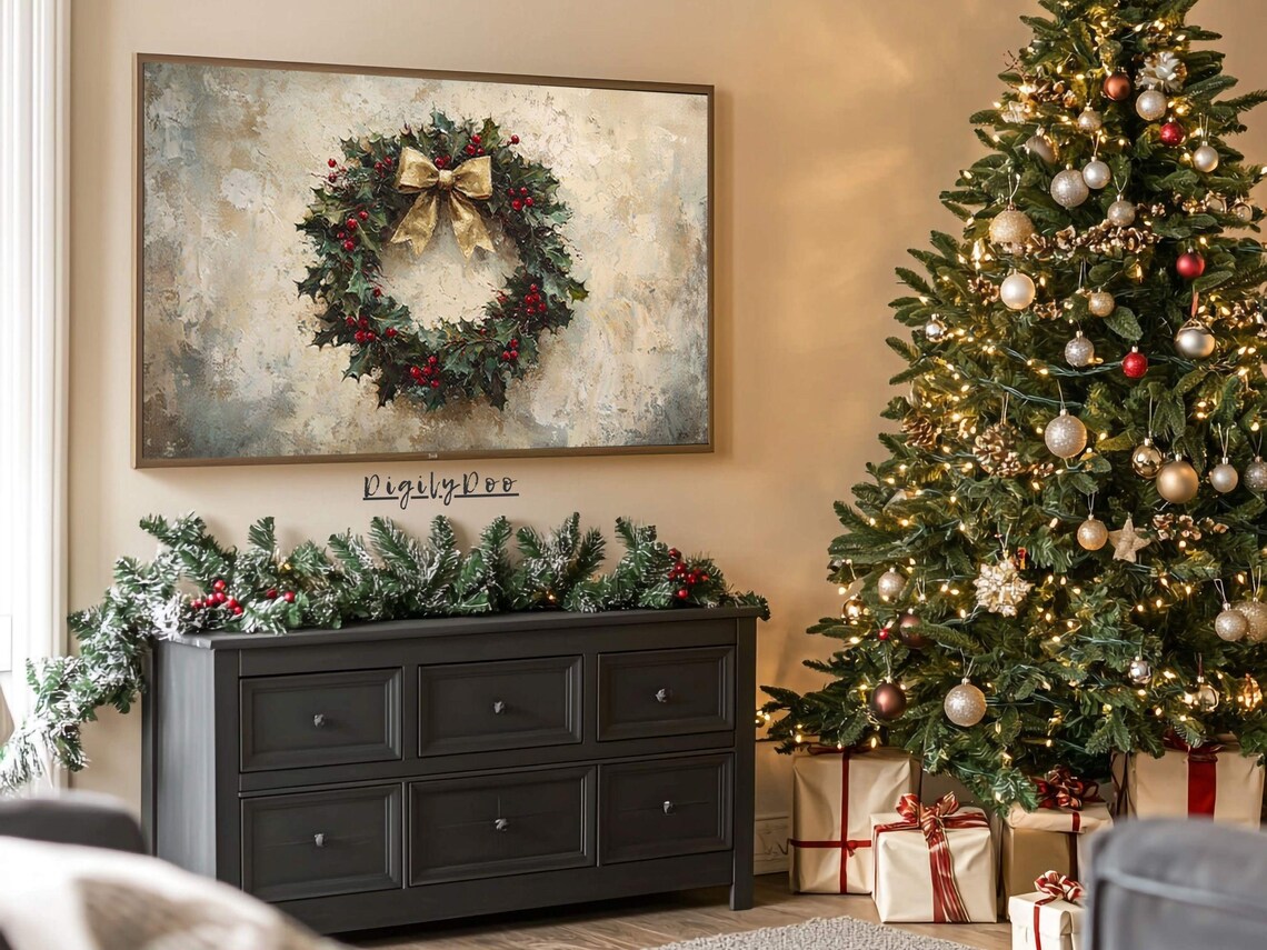 Christmas Rustic Wreath Vintage Holiday Wall Art Print - Image 3