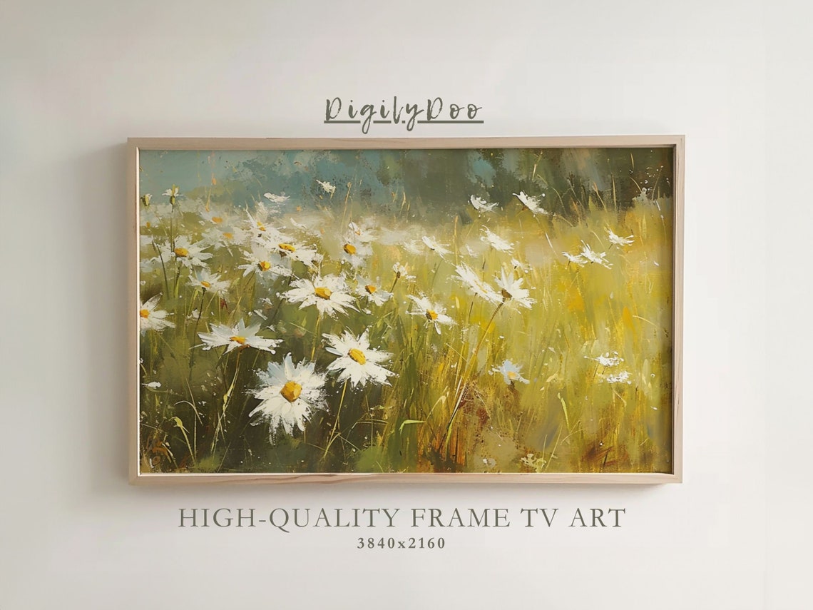 White Daisies Sunlit Meadow Field Impressionist Frame TV Print