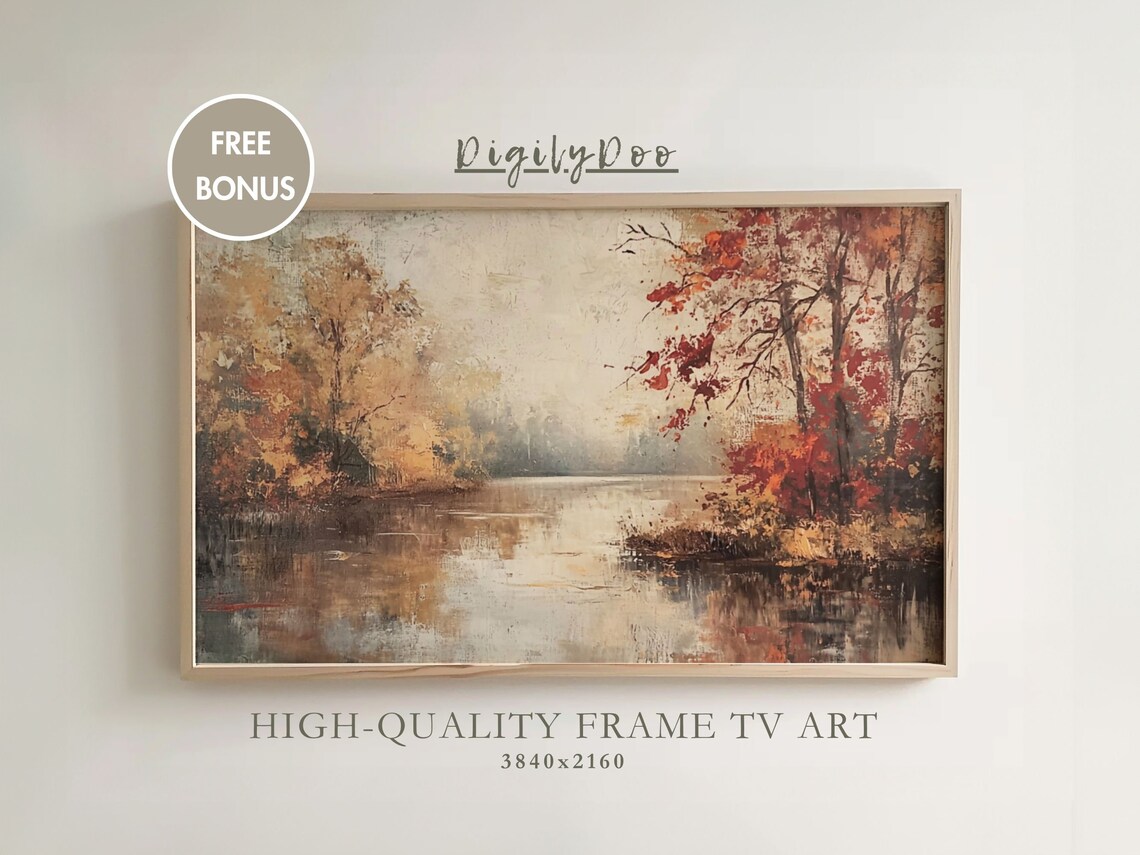 Vintage Autumn Lake Art Print, Moody Rustic Decor