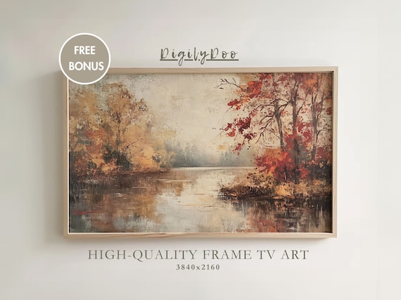 Vintage Autumn Lake Art Print, Moody Rustic Decor