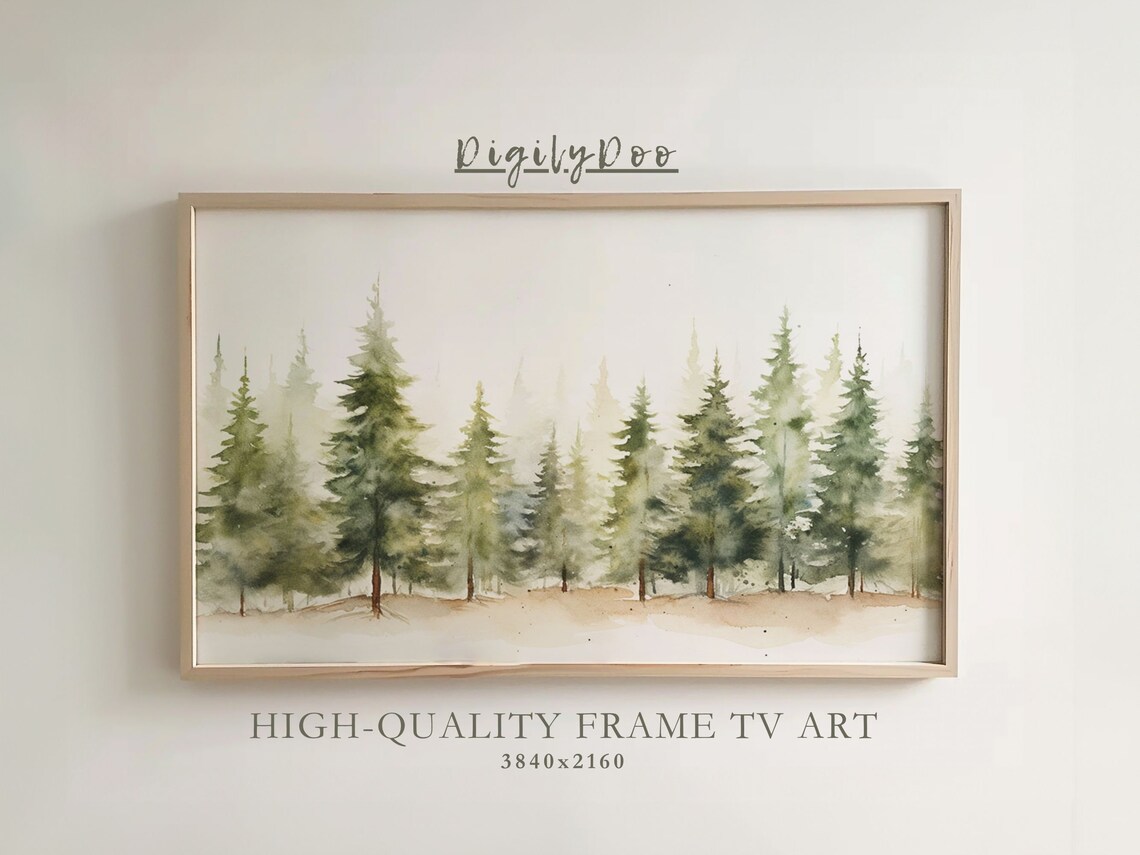 Misty Pine Forest Watercolor Green Pines Foggy Landscape Poster