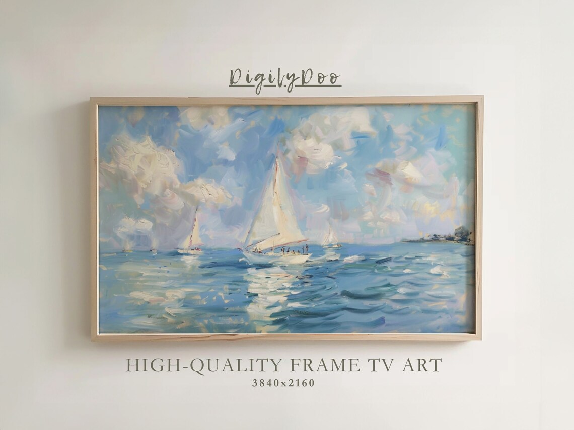 Sailboats on Blue Sea Impressionist Oil Painting Frame TV Print