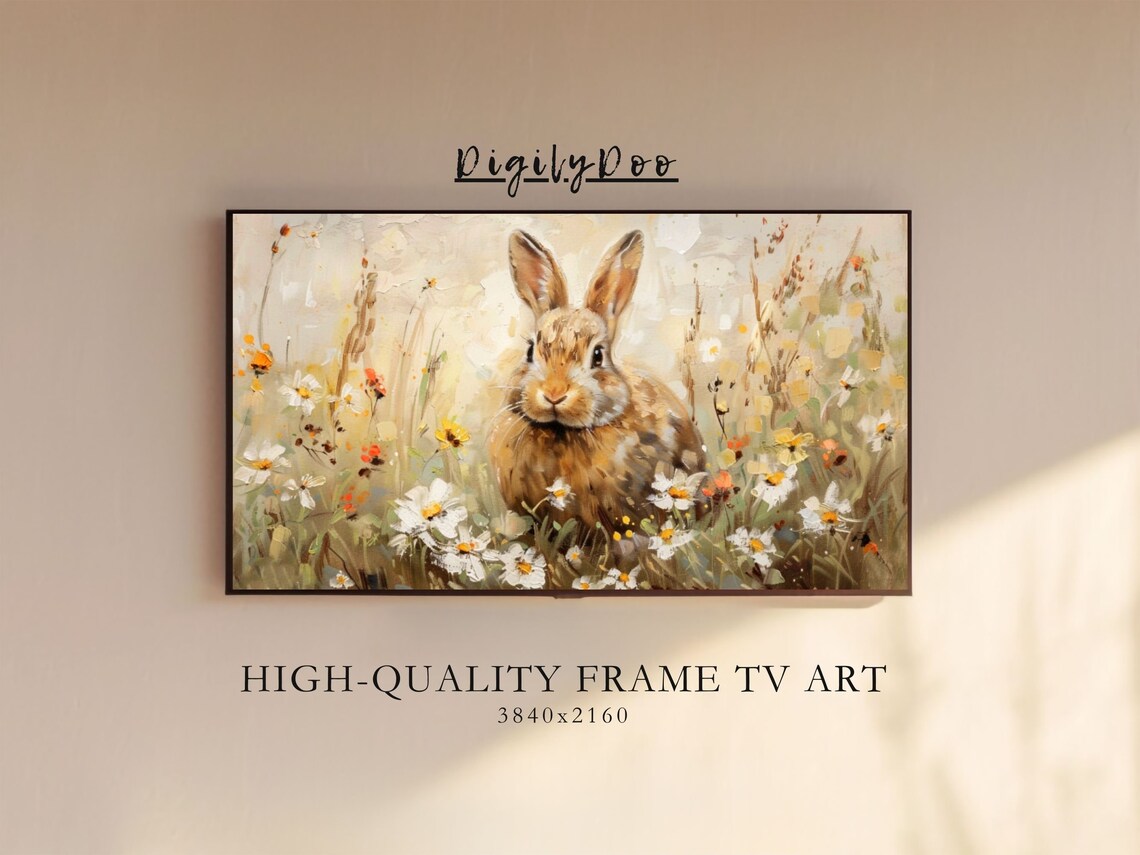 Easter Bunny In Flowerfield, Vintage Farmhouse Art Print