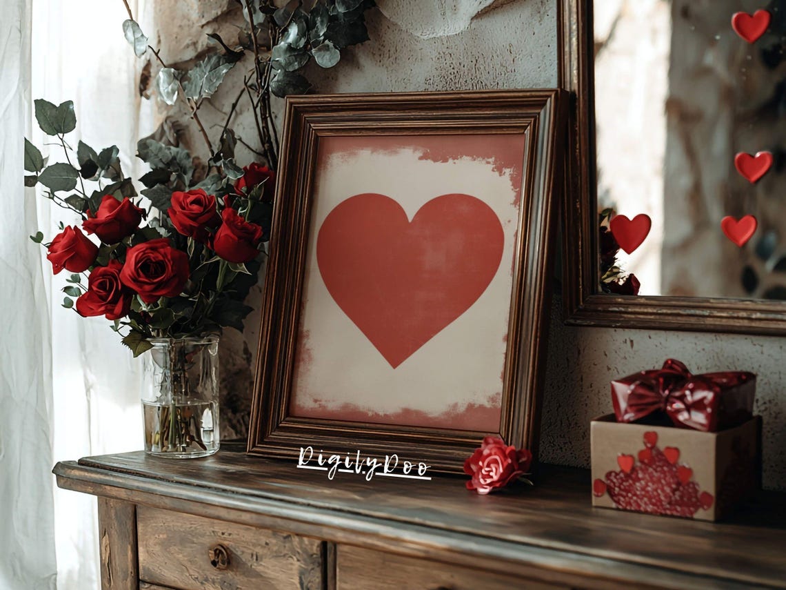 Red Heart Cream Background Rustic Grunge Vintage Valentine Poster - Image 3