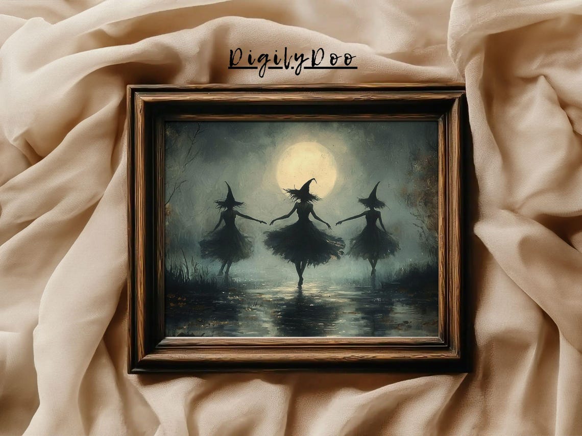 Three Witch Silhouettes Dancing Under Full Moon Lake Night Poster