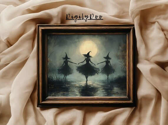 Three Witch Silhouettes Dancing Under Full Moon Lake Night Poster