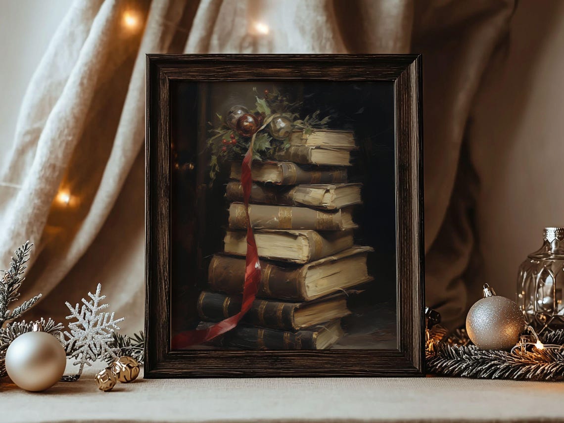Antique Vintage Books Stack Red Ribbon Christmas Still Life Poster - Image 2
