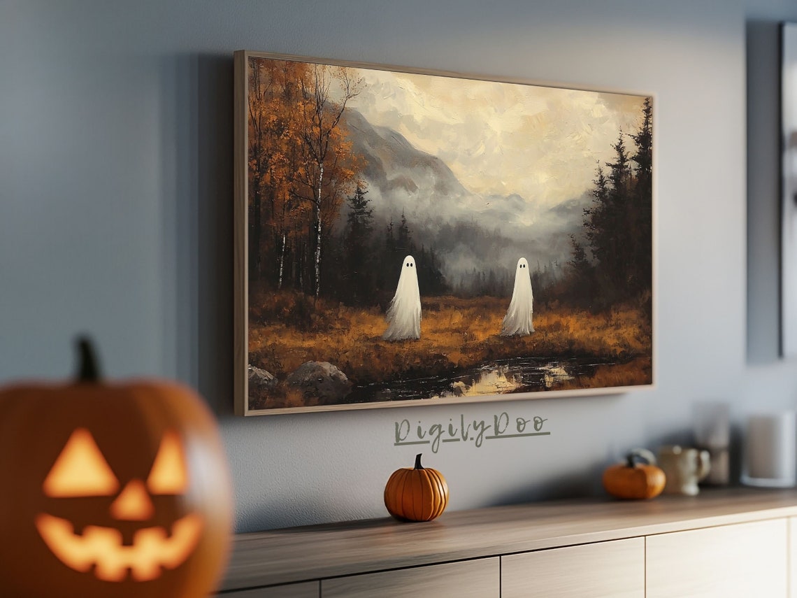 Two Ghosts Misty Autumn Mountain Landscape Vintage Halloween Poster - Image 3
