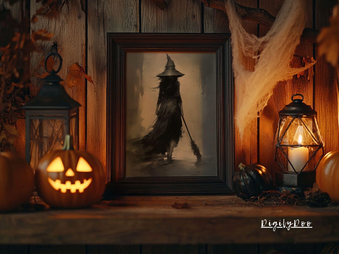 Dark Witch Broom Walking Gray Moody Minimalist Halloween Poster - Image 2