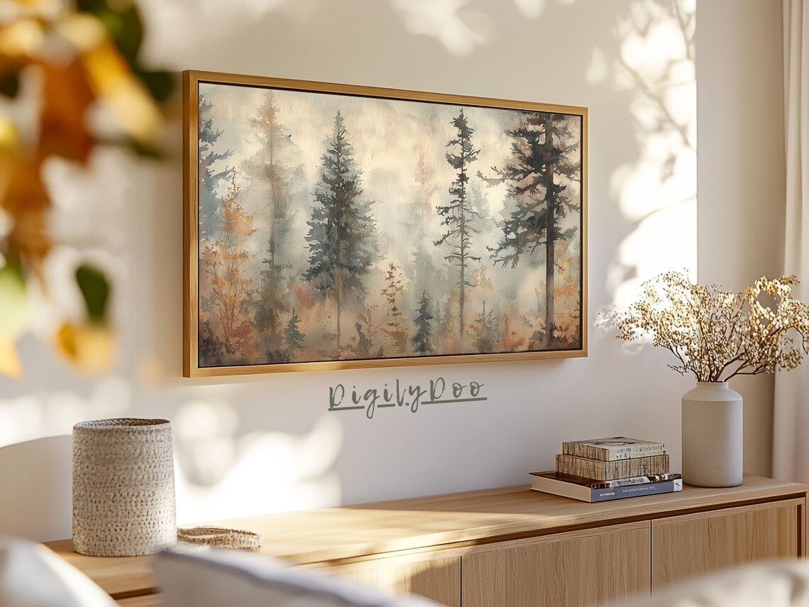 Serene Misty Pine Forest Foggy Watercolor Woodland Frame TV Print - Image 3