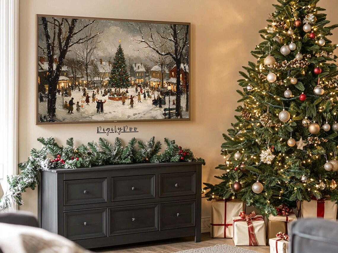 Christmas Village Tree Vintage Holiday Town Art Print - Image 3
