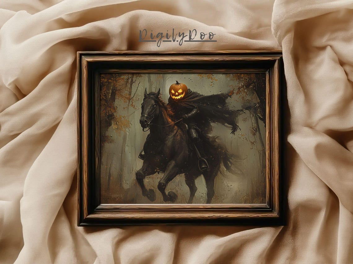 Headless Horseman Pumpkin Head Black Horse Spooky Forest Art Poster