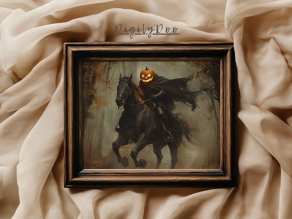 Headless Horseman Pumpkin Head Black Horse Spooky Forest Art Poster